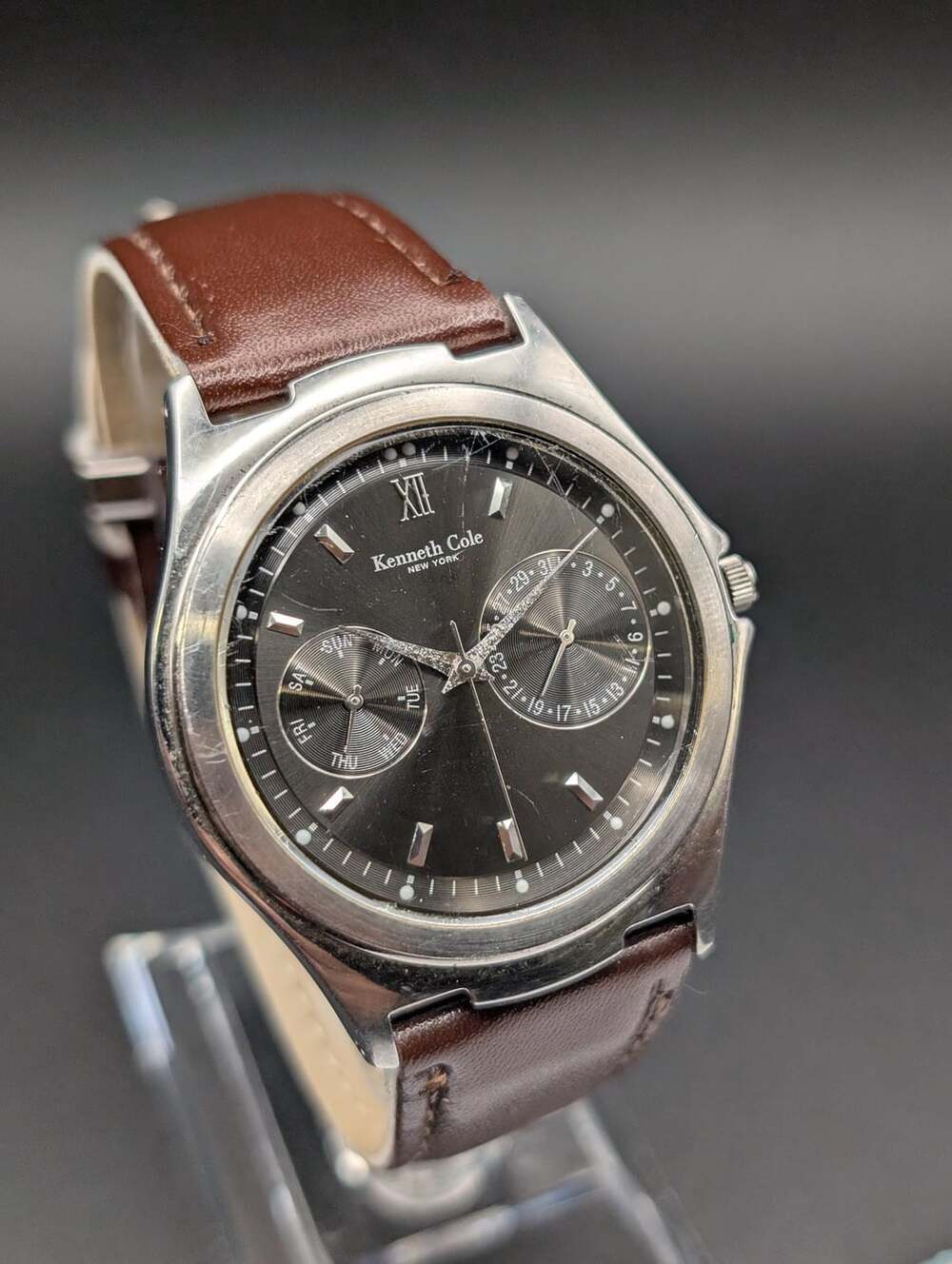 Vintage Kenneth Cole New York Day-Date Subdial Watch, Charcoal Gray Dial Brown L